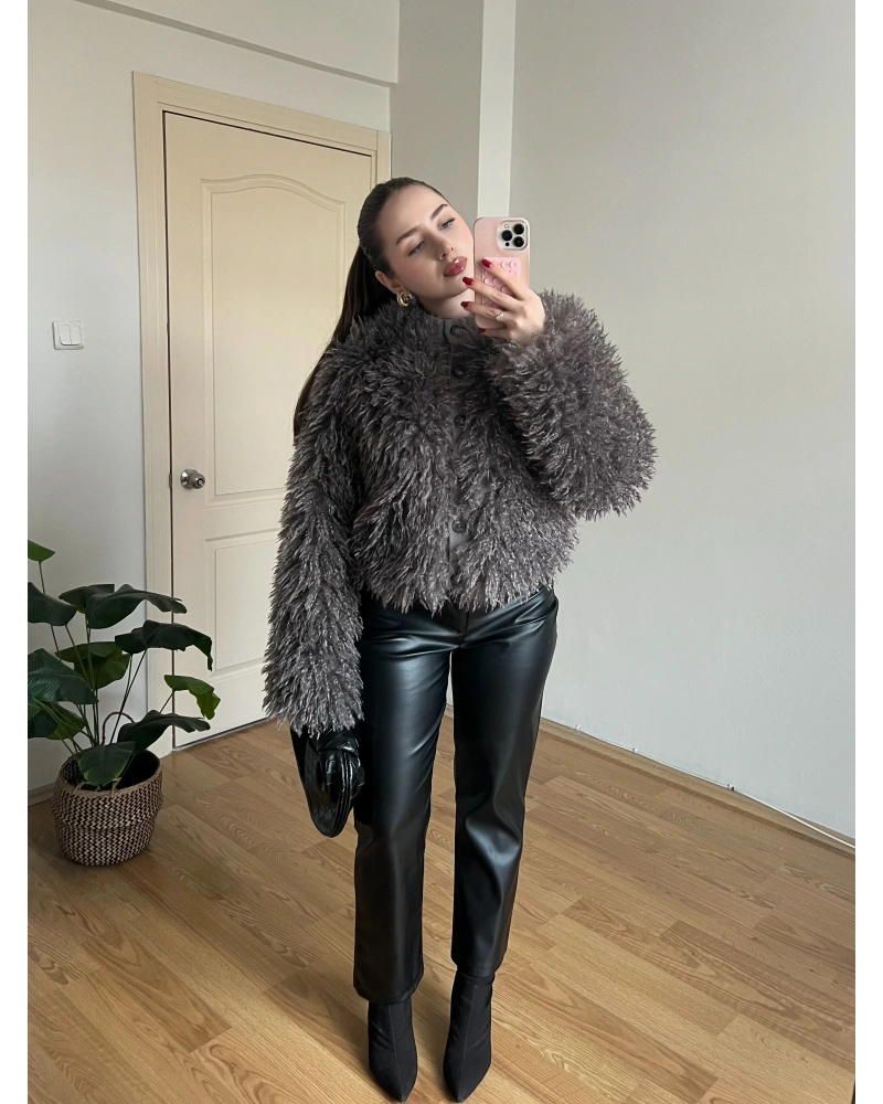 Düz Kesim Bilek Boy Siyah Deri Pantolon