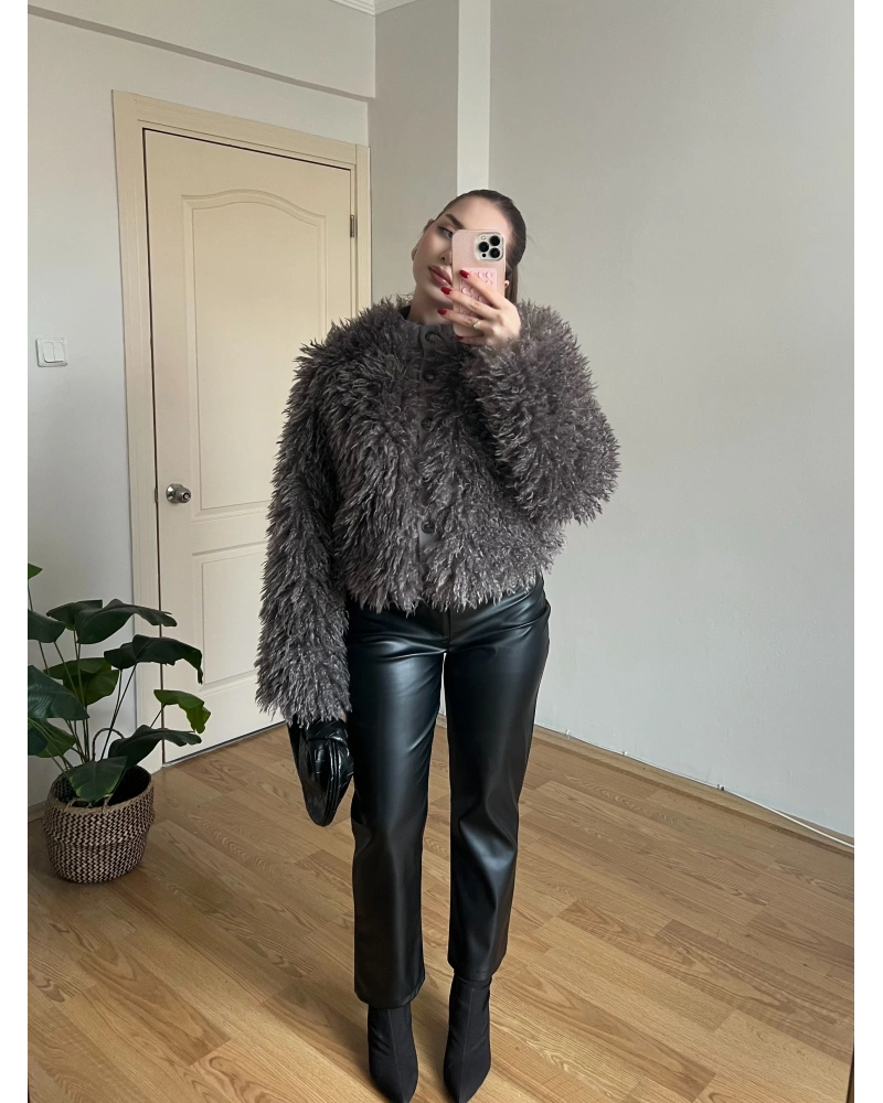 Düz Kesim Bilek Boy Siyah Deri Pantolon