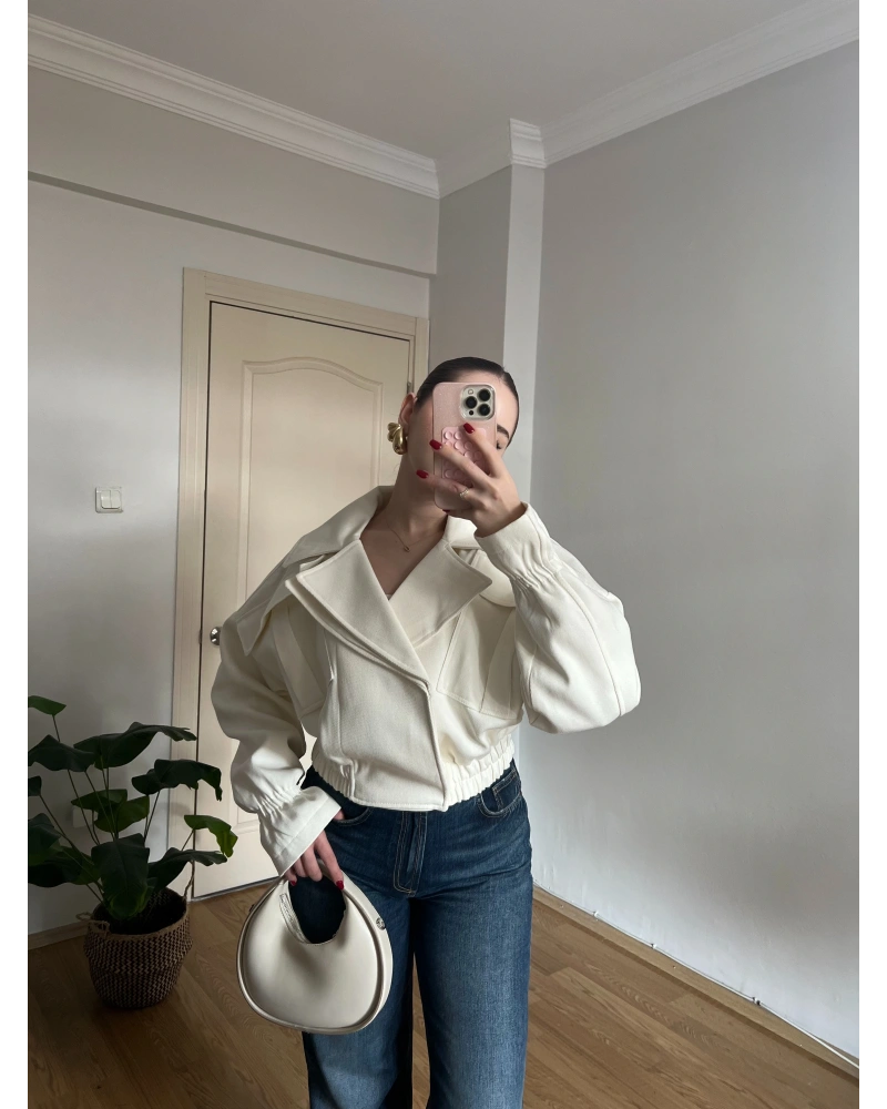 Ekru Beli Lastikli Bomber Ceket