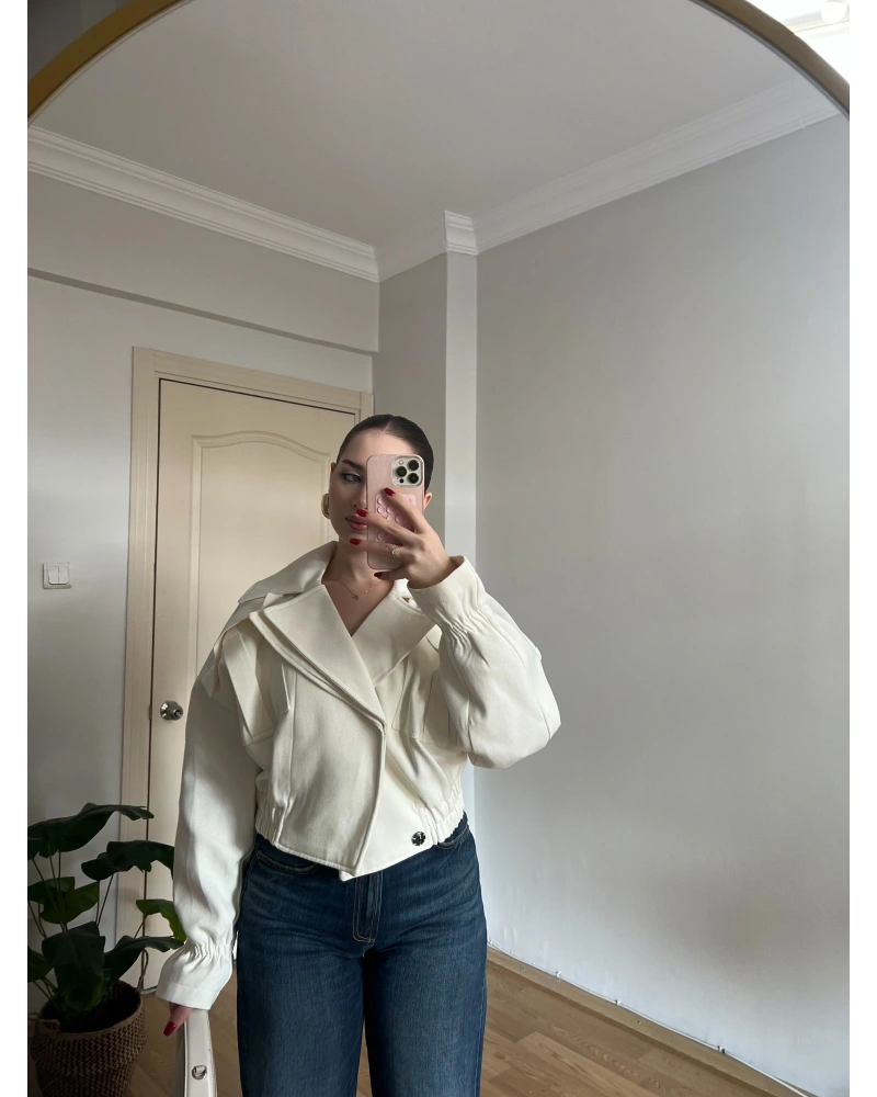 Ekru Beli Lastikli Bomber Ceket