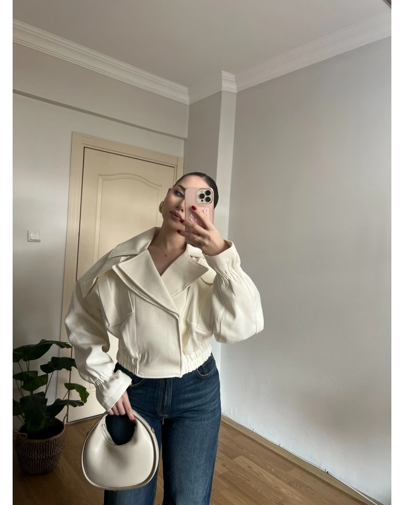 Ekru Beli Lastikli Bomber Ceket