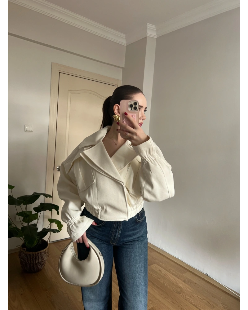 Ekru Beli Lastikli Bomber Ceket