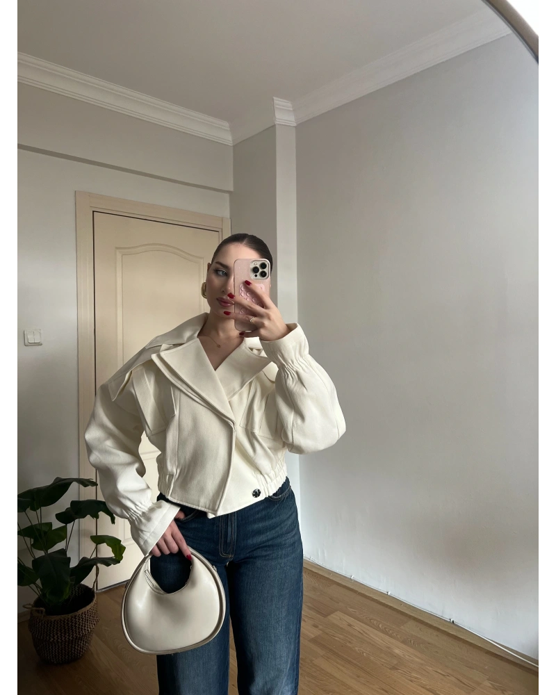 Ekru Beli Lastikli Bomber Ceket