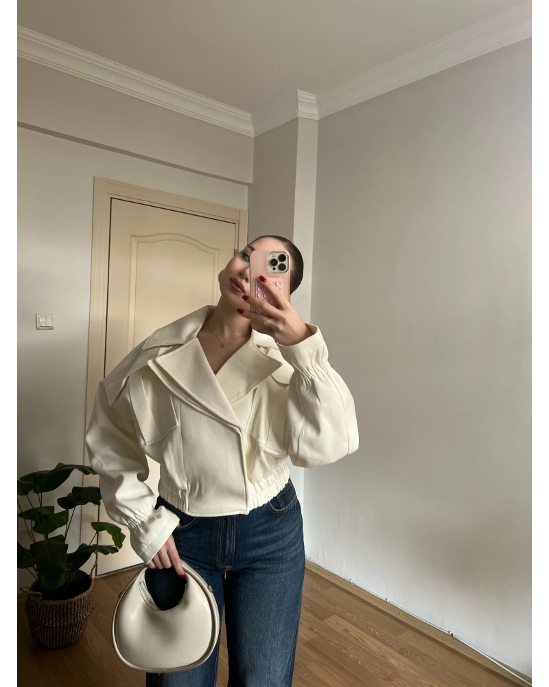 Ekru Beli Lastikli Bomber Ceket
