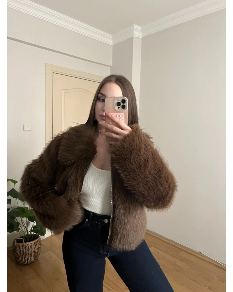 Fermuarlı Premium Kahverengi Kürk Ceket