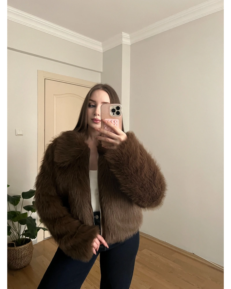 Fermuarlı Premium Kahverengi Kürk Ceket