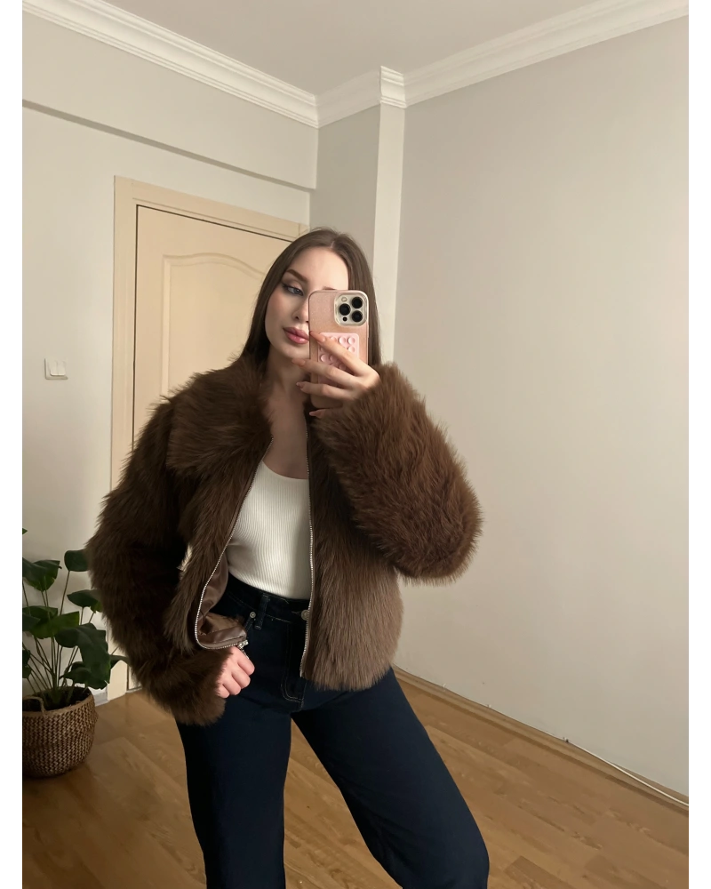 Fermuarlı Premium Kahverengi Kürk Ceket