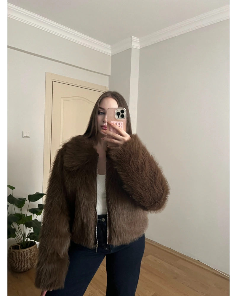 Fermuarlı Premium Kahverengi Kürk Ceket