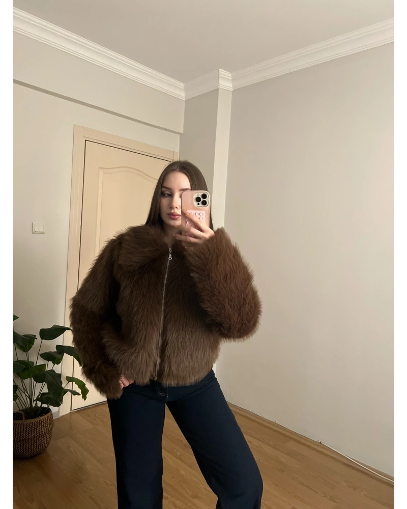 Fermuarlı Premium Kahverengi Kürk Ceket