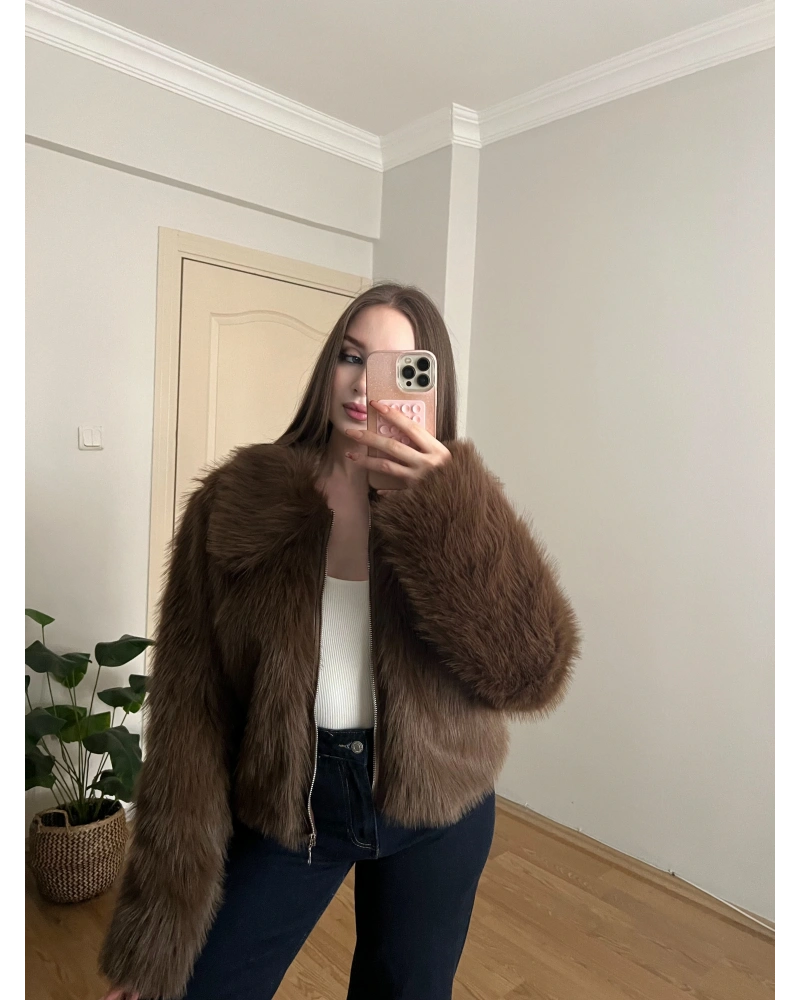 Fermuarlı Premium Kahverengi Kürk Ceket