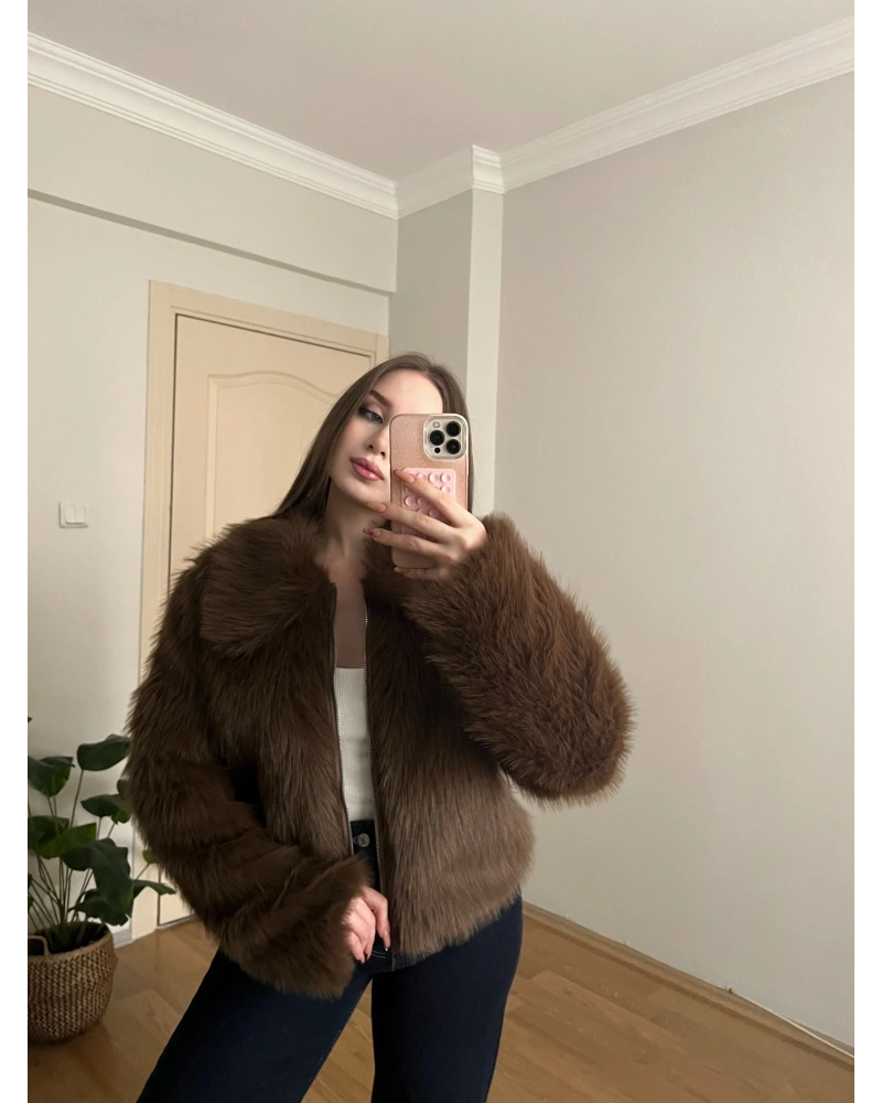Fermuarlı Premium Kahverengi Kürk Ceket