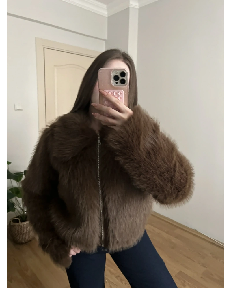 Fermuarlı Premium Kahverengi Kürk Ceket