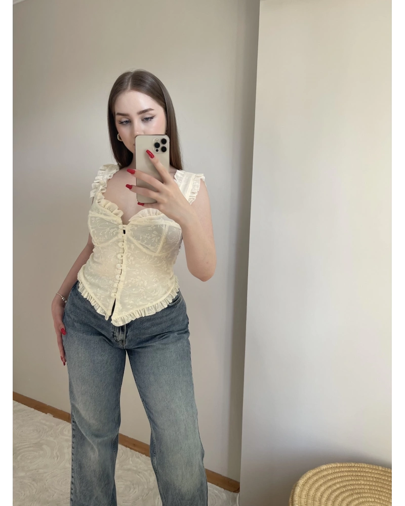 Fırfırlı Dantel Detaylı Ekru Büstiyer