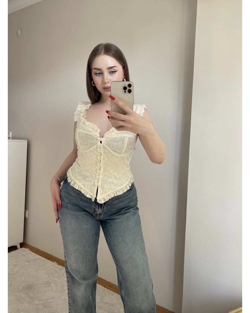 Fırfırlı Dantel Detaylı Ekru Büstiyer