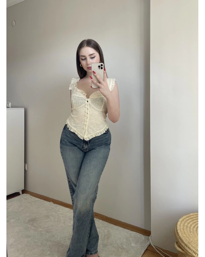 Fırfırlı Dantel Detaylı Ekru Büstiyer