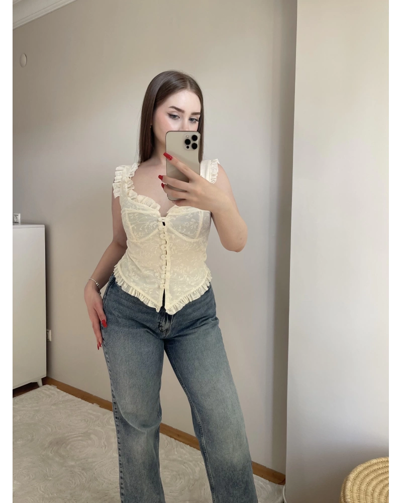 Fırfırlı Dantel Detaylı Ekru Büstiyer