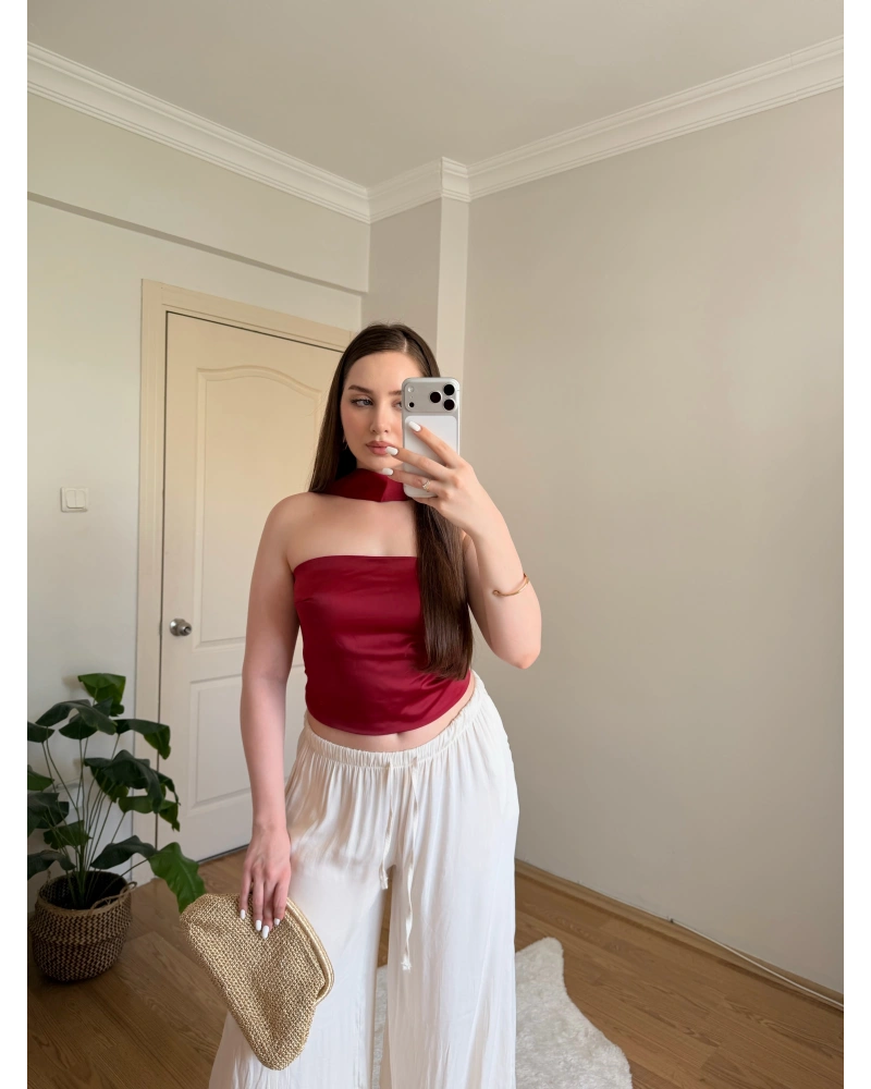 Fular Detaylı Saten Kırmızı Crop Bluz