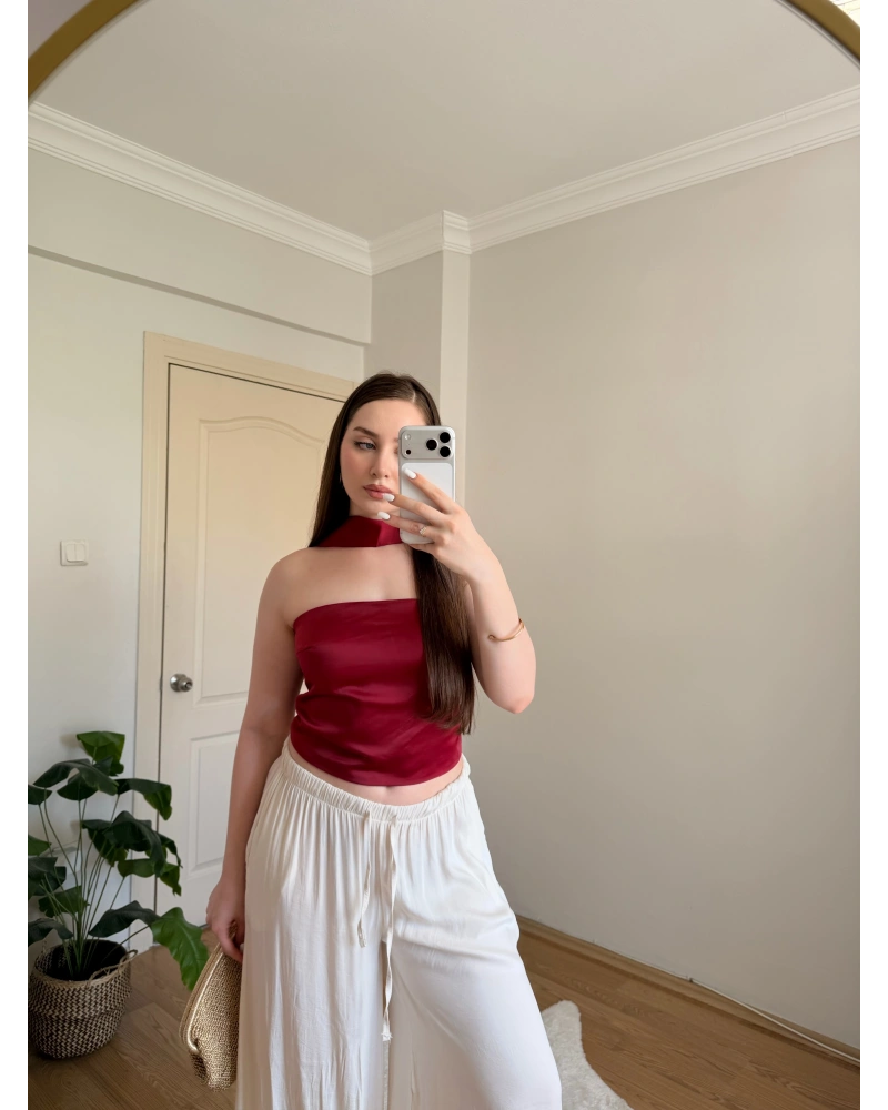 Fular Detaylı Saten Kırmızı Crop Bluz