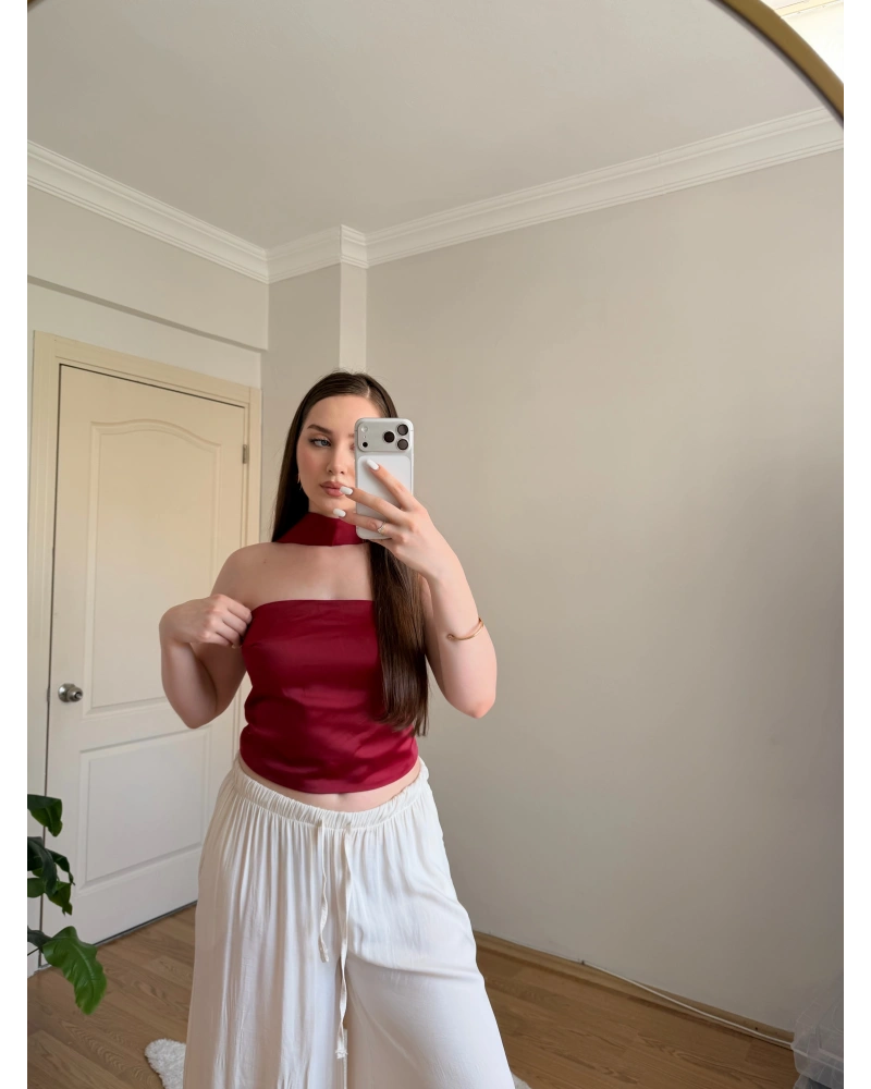 Fular Detaylı Saten Kırmızı Crop Bluz