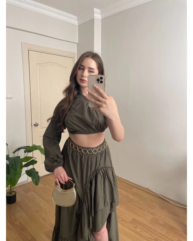 Gipe ve Lastik Detaylı Tek Omuz Haki Takım