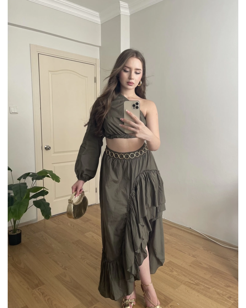 Gipe ve Lastik Detaylı Tek Omuz Haki Takım