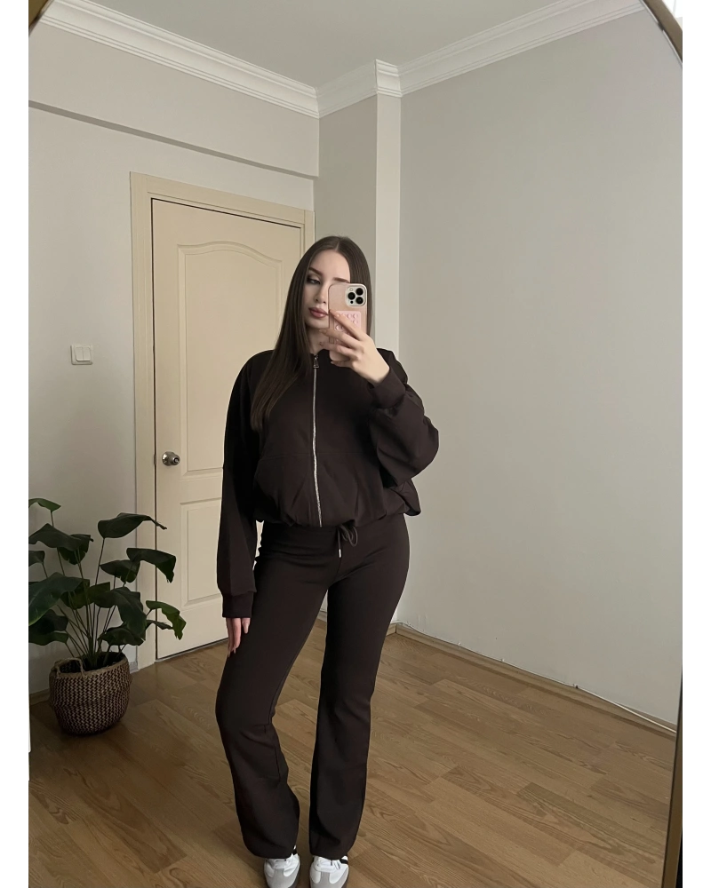 İspanyol Paçalı Bomber Ceket Kahve Takım