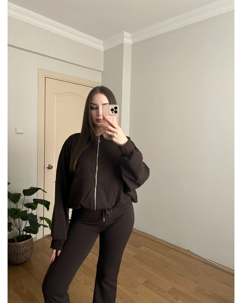 İspanyol Paçalı Bomber Ceket Kahve Takım