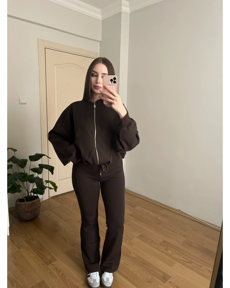 İspanyol Paçalı Bomber Ceket Kahve Takım