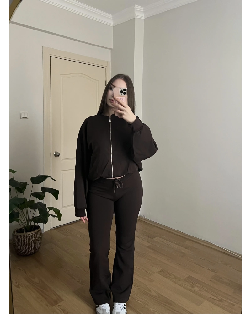 İspanyol Paçalı Bomber Ceket Kahve Takım