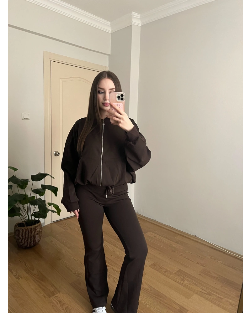 İspanyol Paçalı Bomber Ceket Kahve Takım