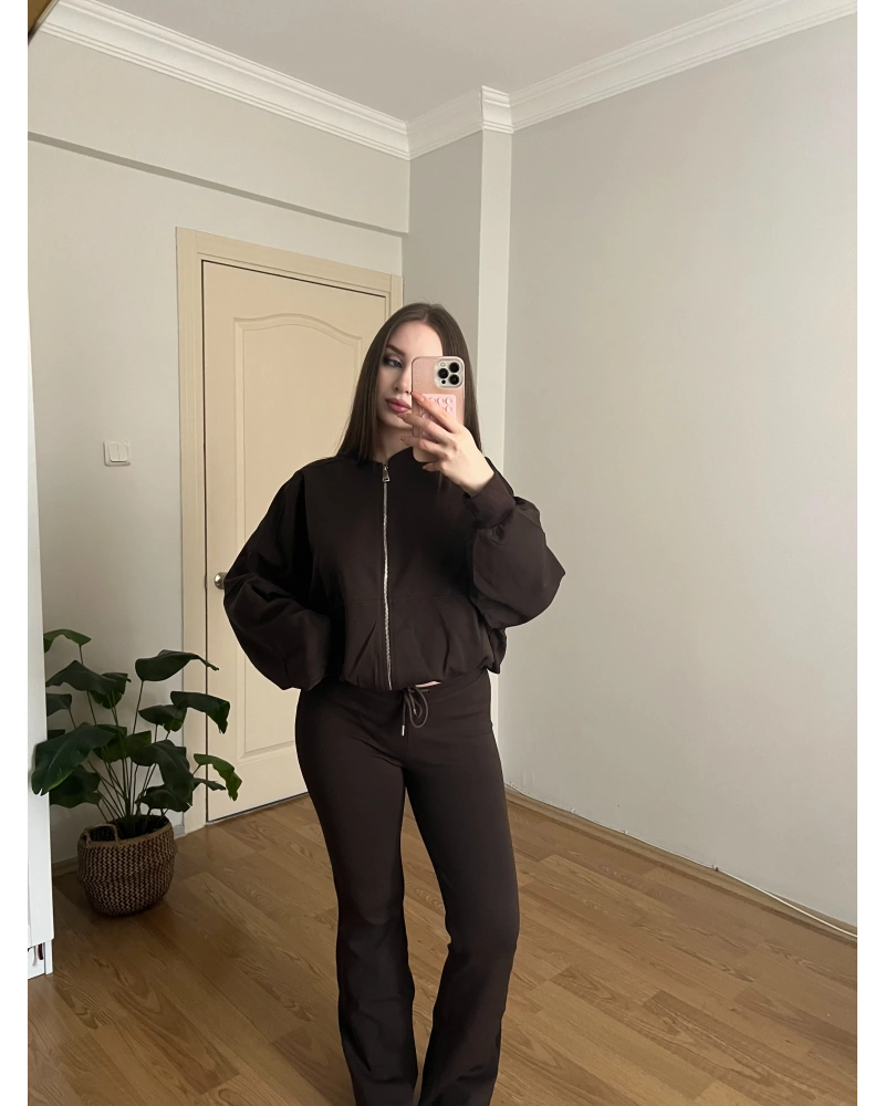 İspanyol Paçalı Bomber Ceket Kahve Takım