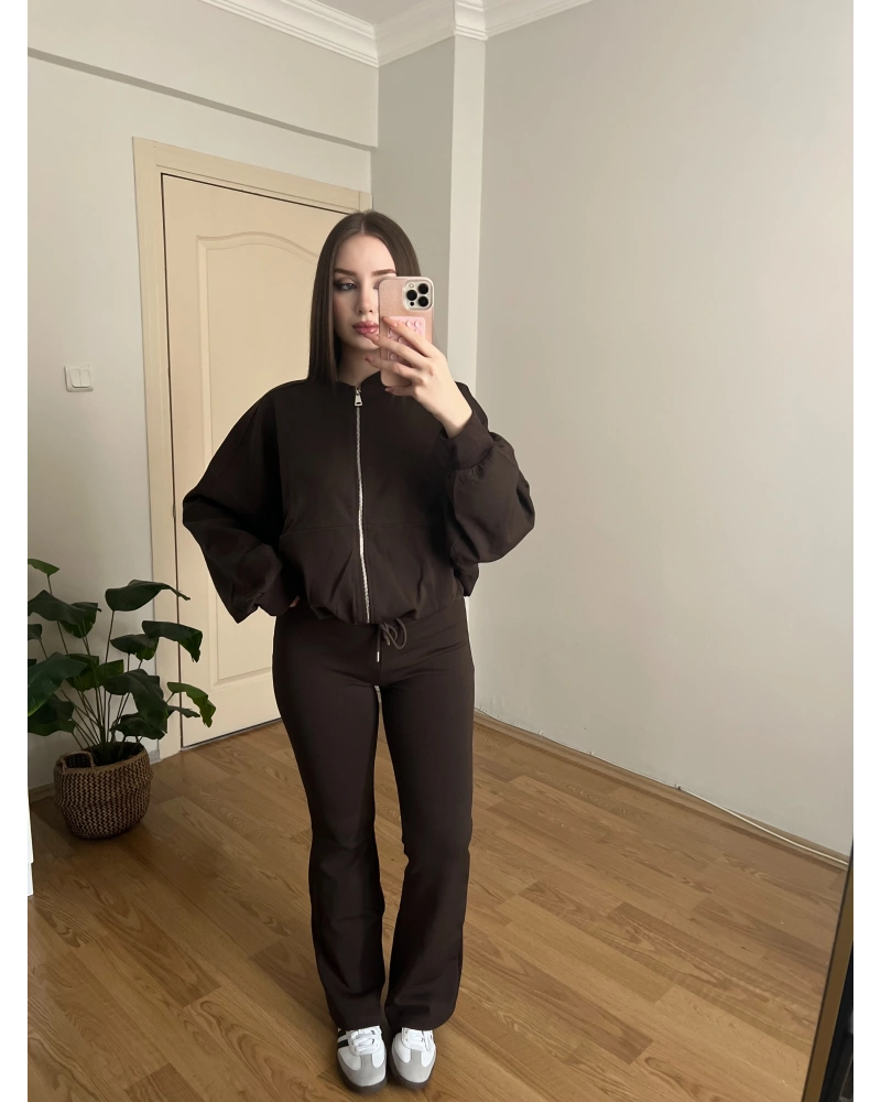 İspanyol Paçalı Bomber Ceket Kahve Takım