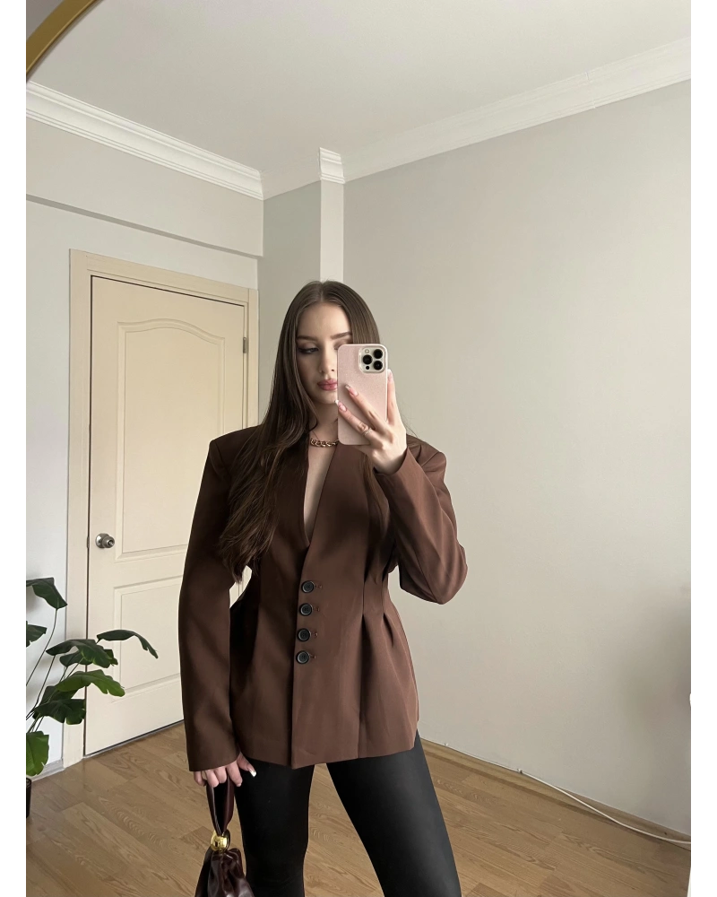 Kahverengi Belden Oturtmalı Blazer Ceket