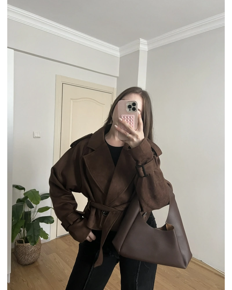 Kahverengi Kuşaklı Süet Trençkot