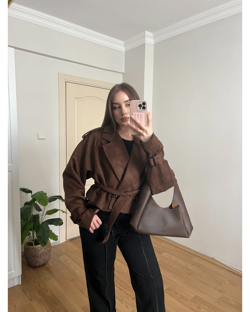 Kahverengi Kuşaklı Süet Trençkot