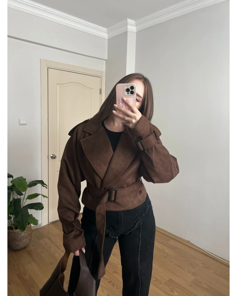 Kahverengi Kuşaklı Süet Trençkot