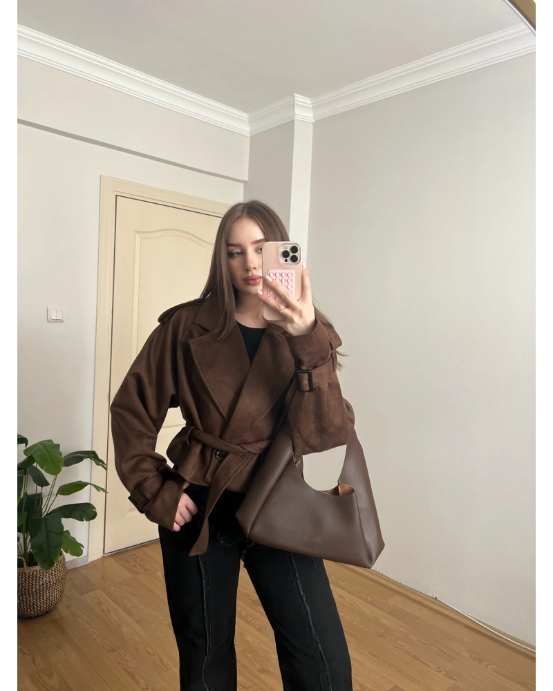Kahverengi Kuşaklı Süet Trençkot
