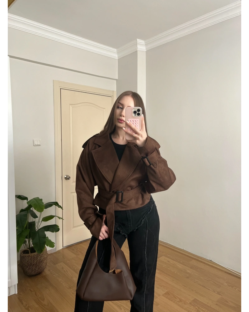 Kahverengi Kuşaklı Süet Trençkot