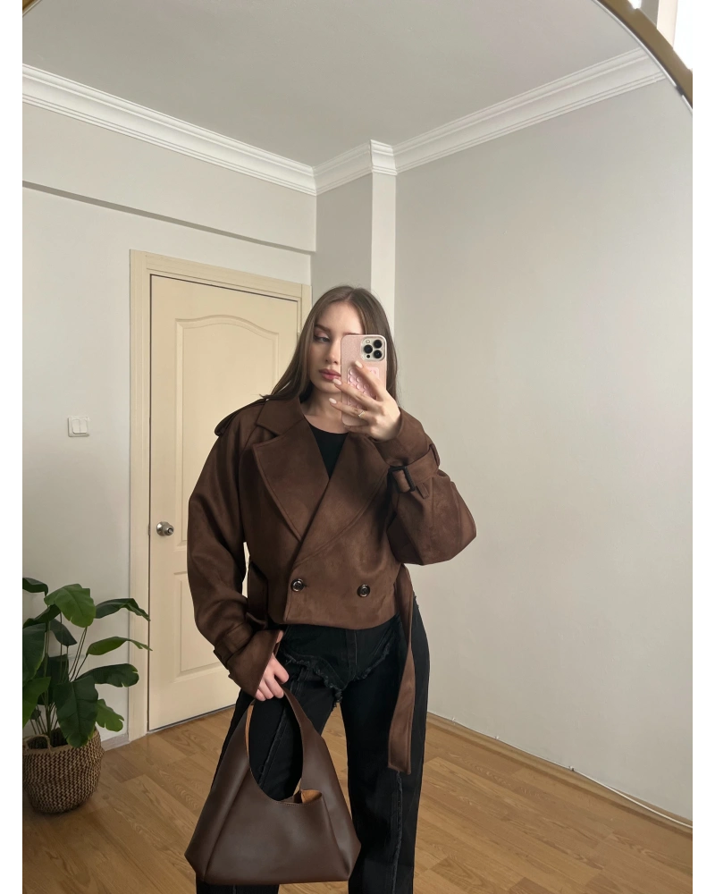 Kahverengi Kuşaklı Süet Trençkot