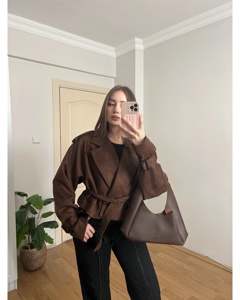 Kahverengi Kuşaklı Süet Trençkot