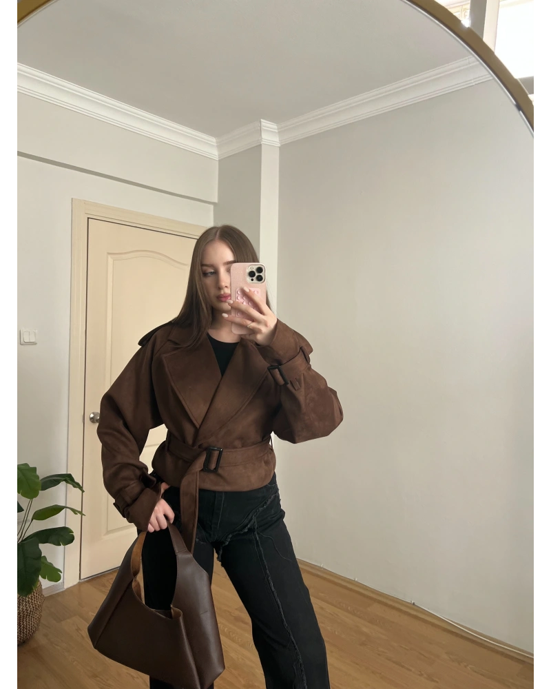 Kahverengi Kuşaklı Süet Trençkot