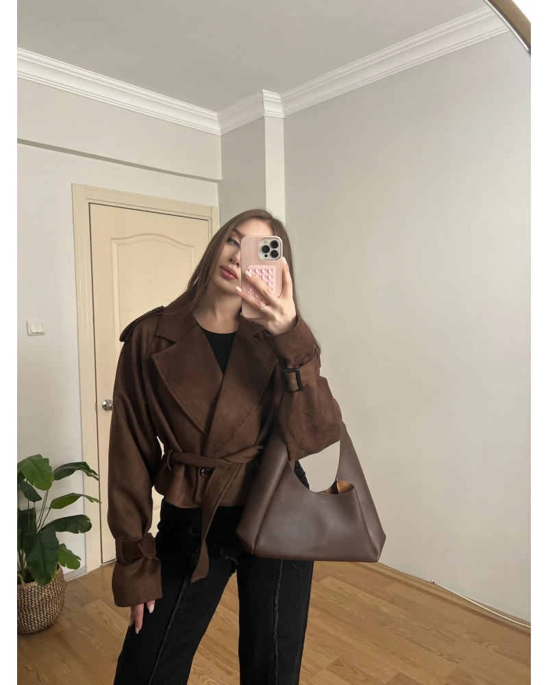 Kahverengi Kuşaklı Süet Trençkot