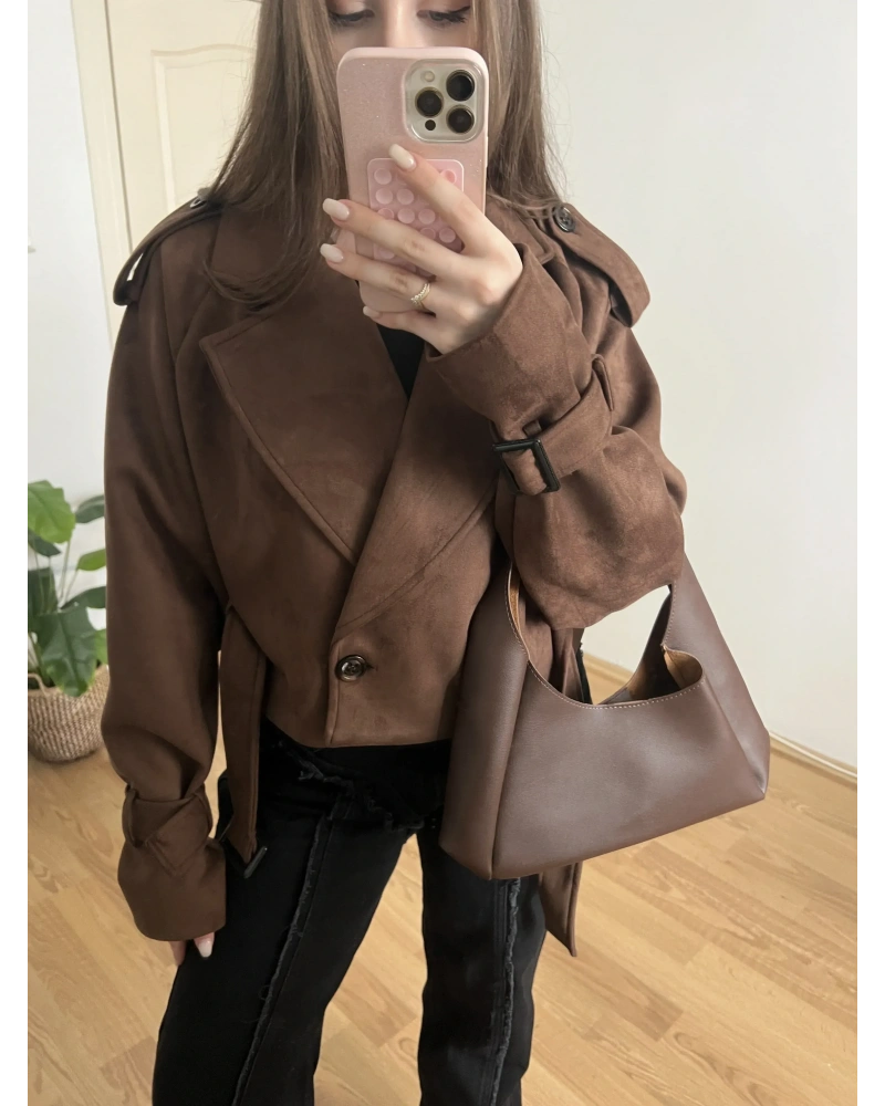 Kahverengi Kuşaklı Süet Trençkot