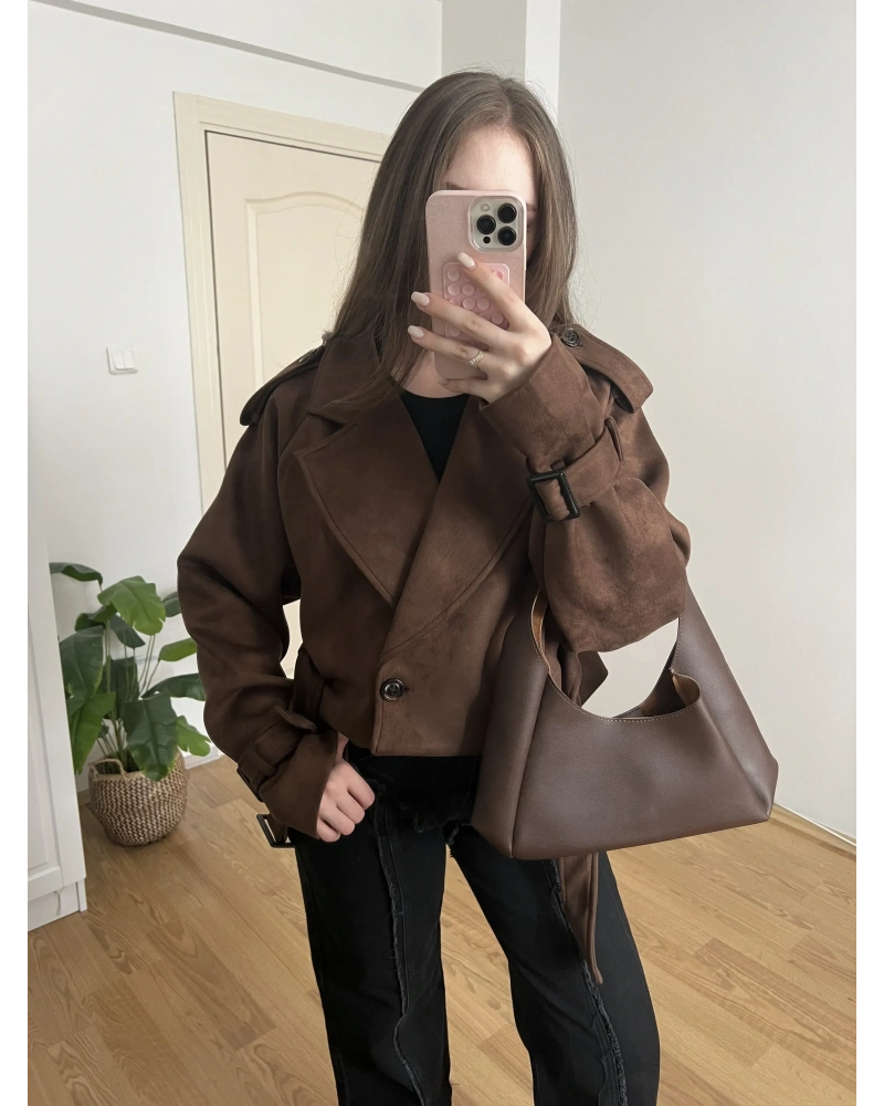 Kahverengi Kuşaklı Süet Trençkot