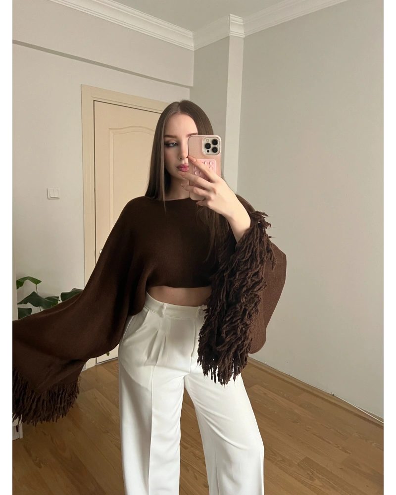 Kahverengi Pelerin Kollu Crop Kazak