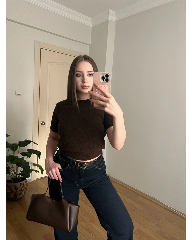 Kısa Kollu Kahve Triko Kazak