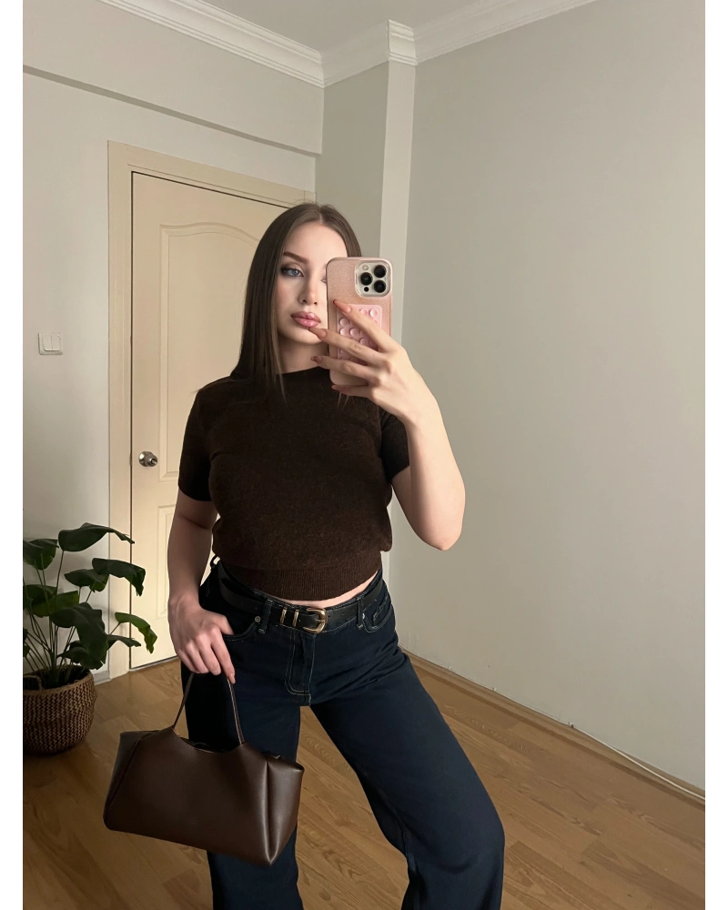 Kısa Kollu Kahve Triko Kazak