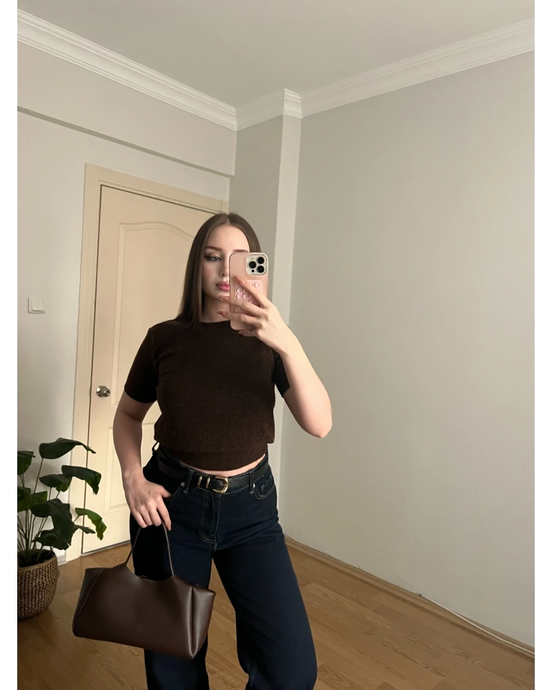 Kısa Kollu Kahve Triko Kazak