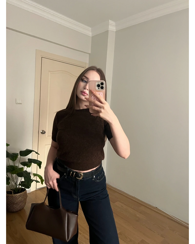 Kısa Kollu Kahve Triko Kazak