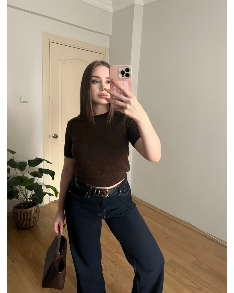 Kısa Kollu Kahve Triko Kazak